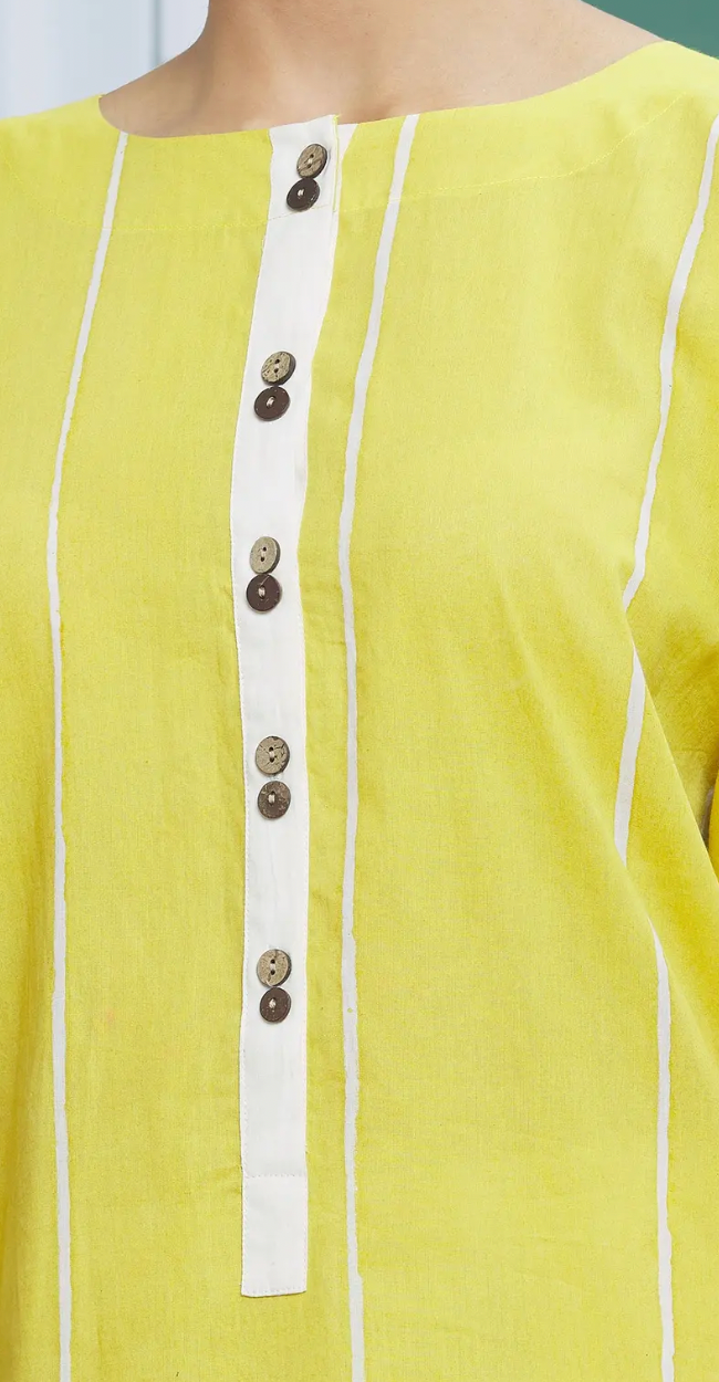Yellow Cotton Printed Striped Kurta