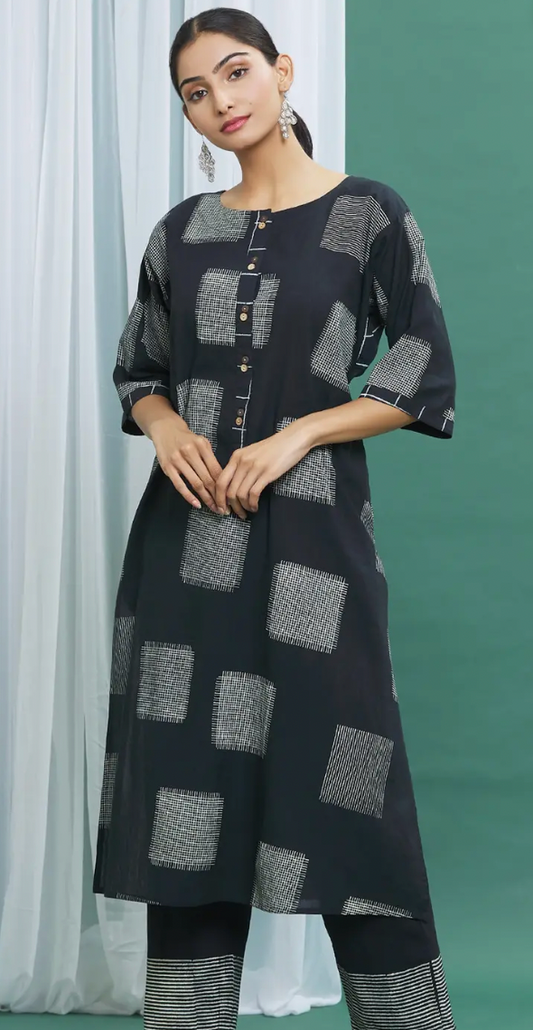 Monochrome Black Straight Cotton Handblock Print Kurta