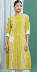 Yellow Straight Cotton Printed Kurta - BANANA labs