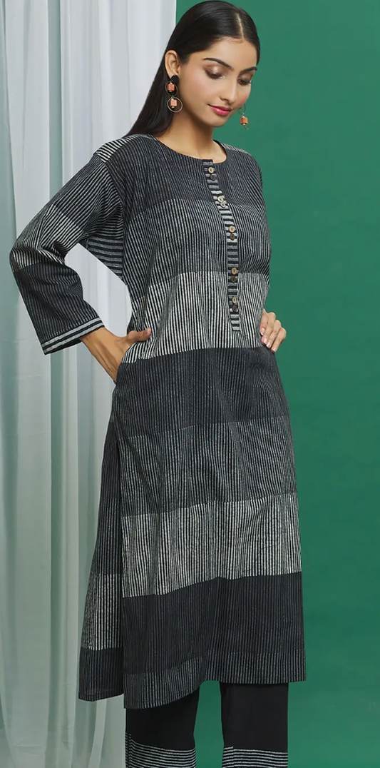 Monochrome Black Cotton Stripe Print Kurta