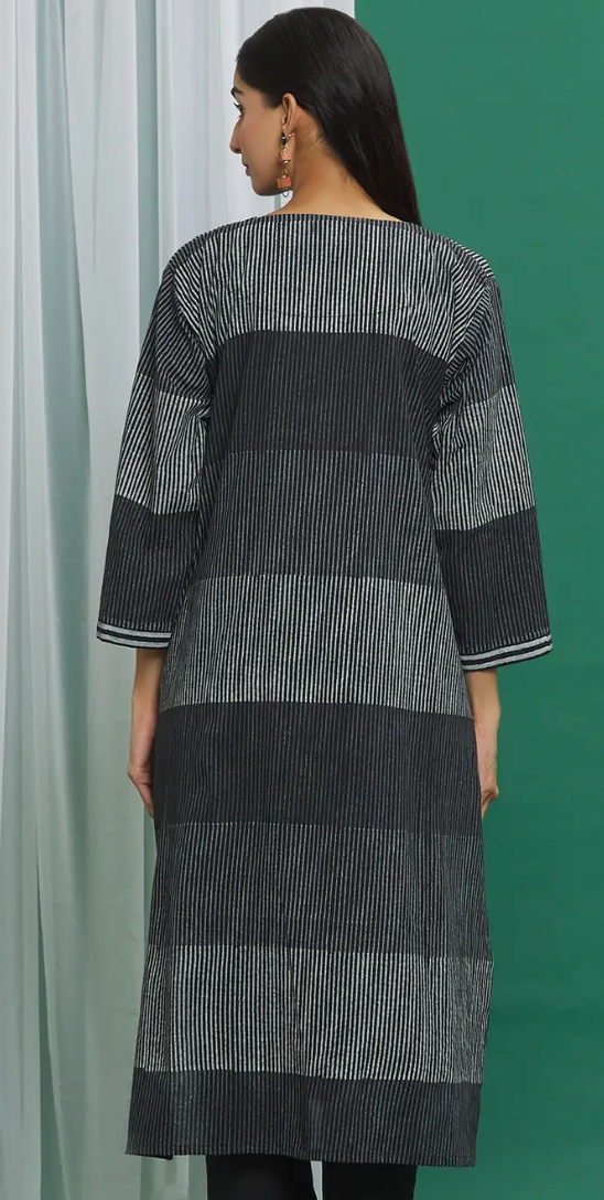 Monochrome Black Cotton Stripe Print Kurta