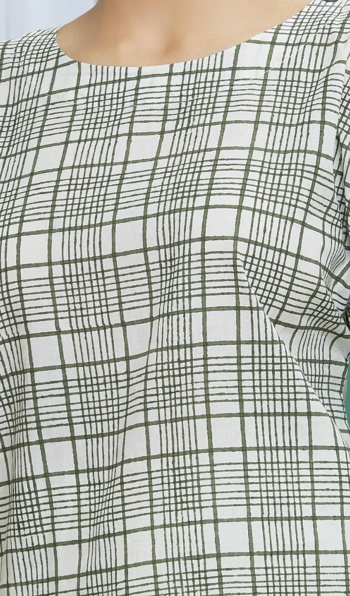 Green Cotton Printed Kurta