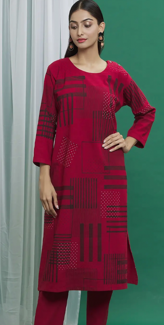 Red Cotton Abstract Print Kurta