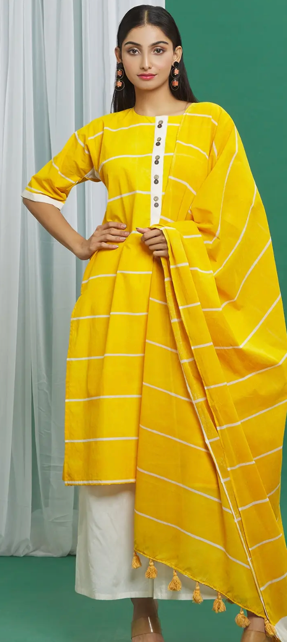 Yellow Cotton Straight Fit Stripe Pattern Kurta Set (Set of 3)