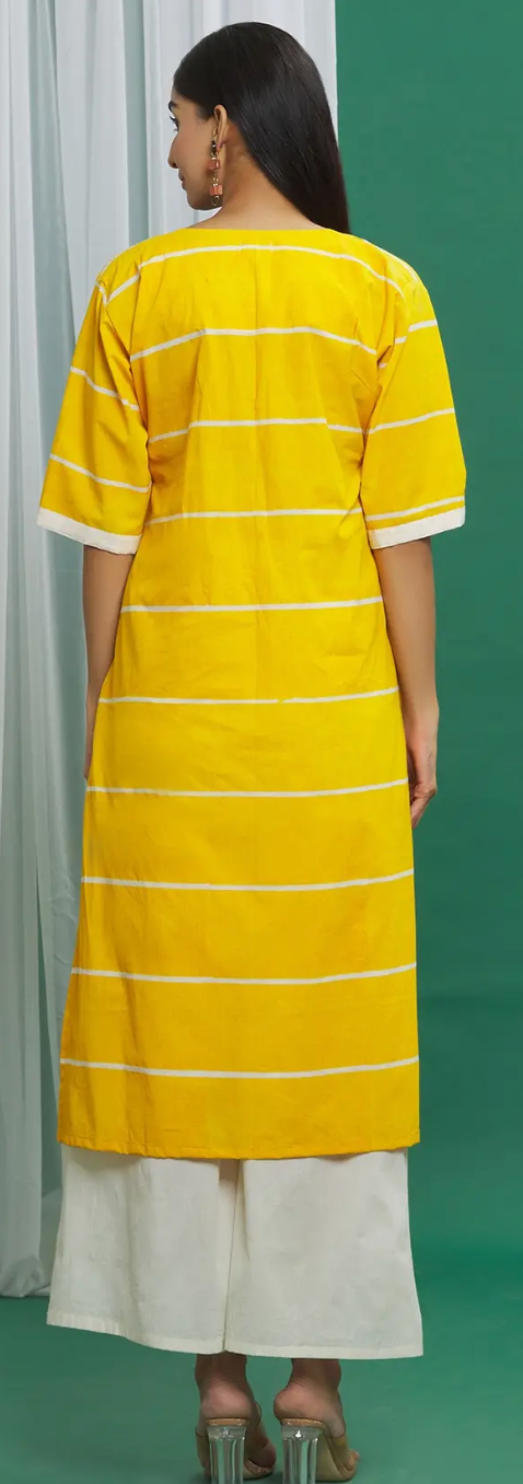 Yellow Cotton Straight Fit Stripe Pattern Kurta Set (Set of 3)