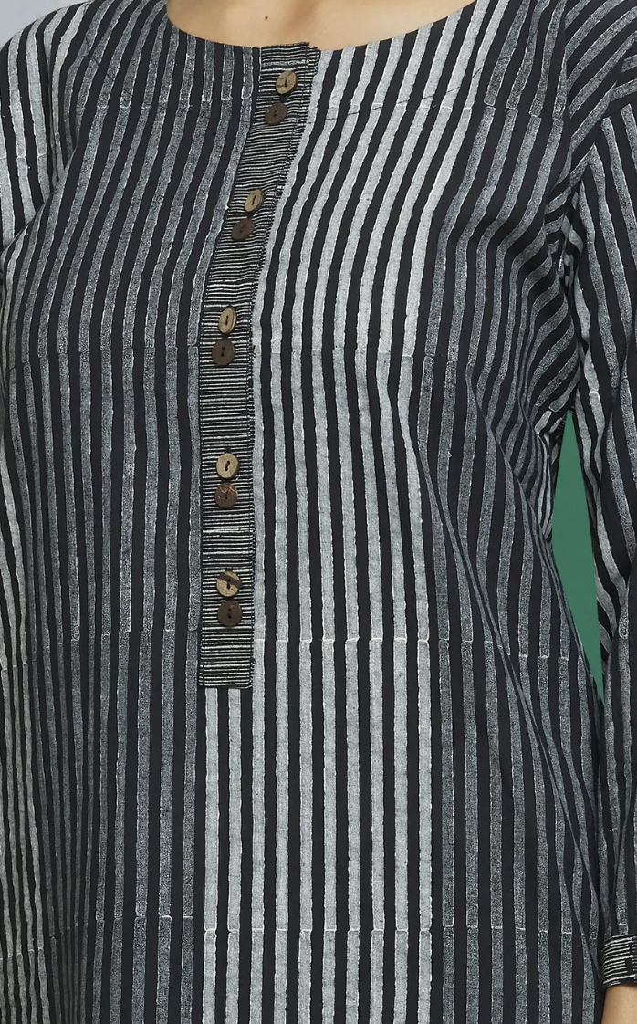 Monochrome Black Hand Block Print Cotton Kurta Pant Set (Set of 3)