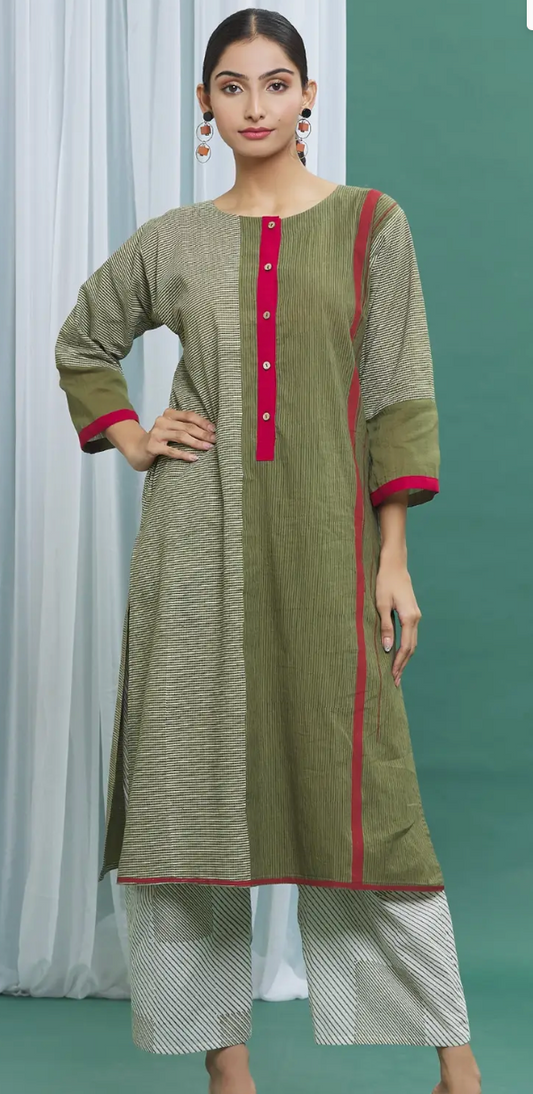 Olive Green Cotton Straight Printed Kurta