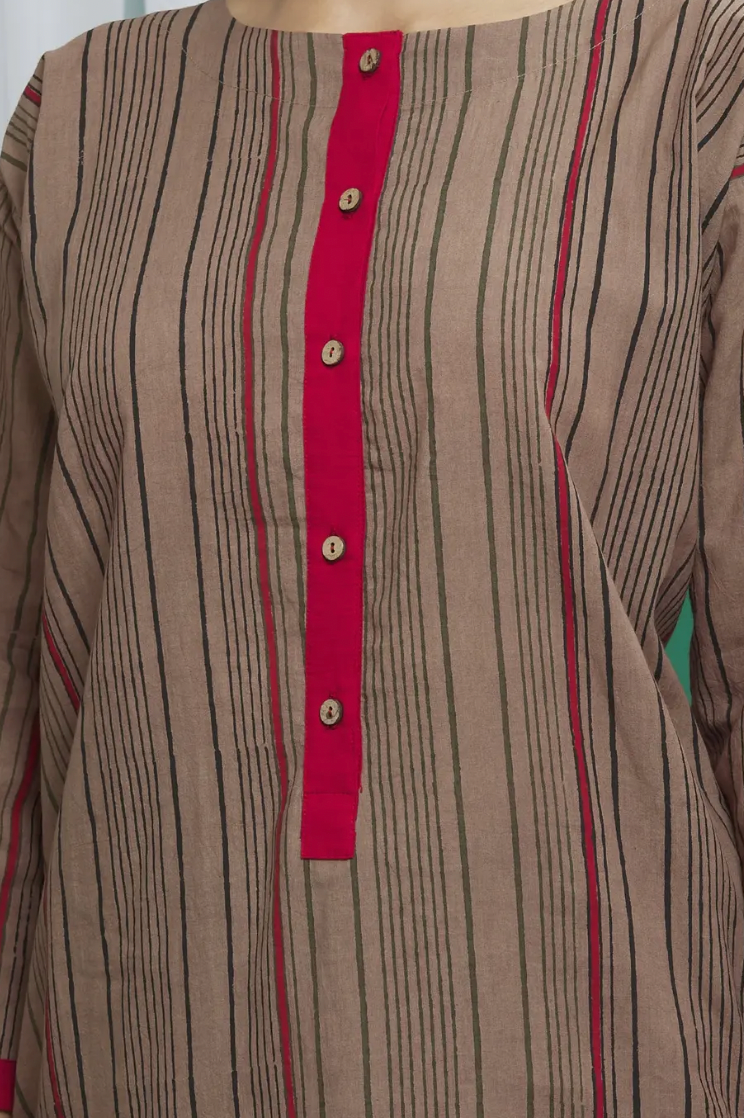 Brown And Maroon Cotton Printed Kurta Set (Set of 3)
