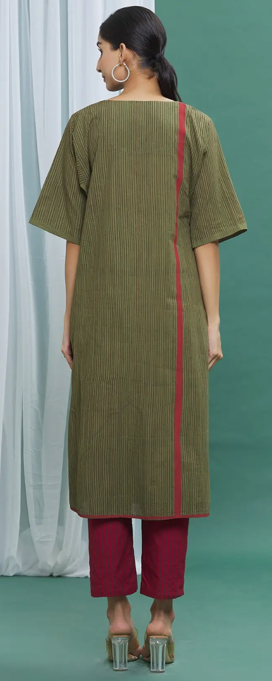 Green Cotton Striped Kurta Set (Set of 3)