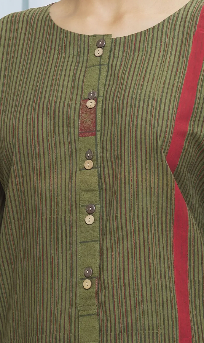 Green Cotton Striped Kurta Set (Set of 3)