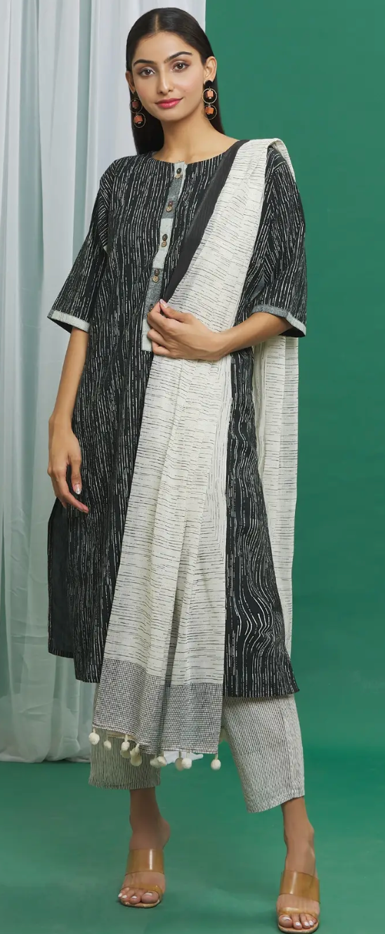 Black Cotton Printed Kurta Set (Set of 3)