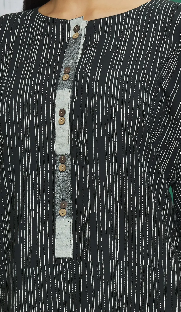 Black Cotton Printed Kurta Set (Set of 3)