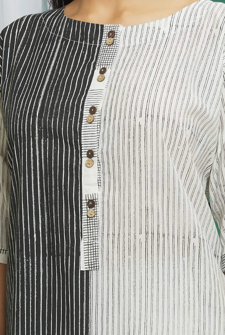Monochrome White Cotton Round Neck Printed Kurta Set  (Set of 3)