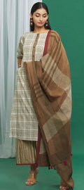Brown Cotton Checkered Print Kurta Palazzo Set (Set of 3) - BANANA labs