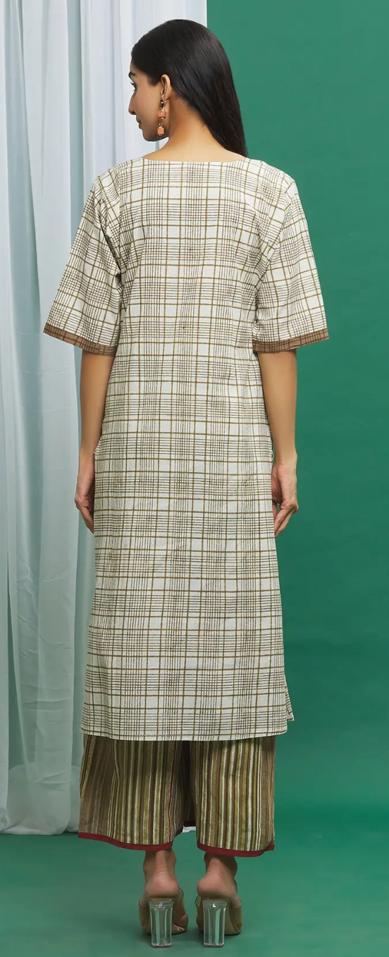 Brown Cotton Checkered Print Kurta Palazzo Set  (Set of 3)