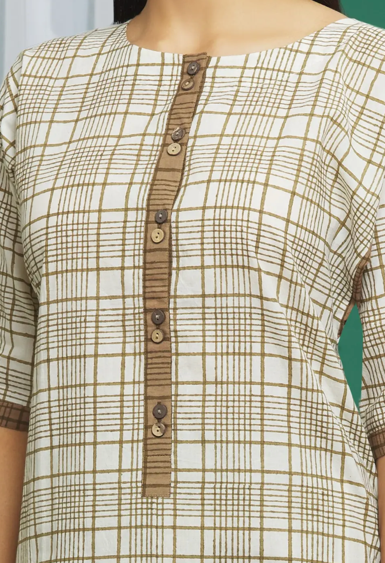 Brown Cotton Checkered Print Kurta Palazzo Set  (Set of 3)