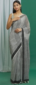 Black Cotton Hand Block Print Handcrafted Saree - BANANA labs