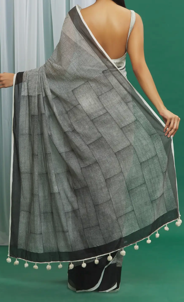 Monochrome Black Cotton Handcrafted Saree