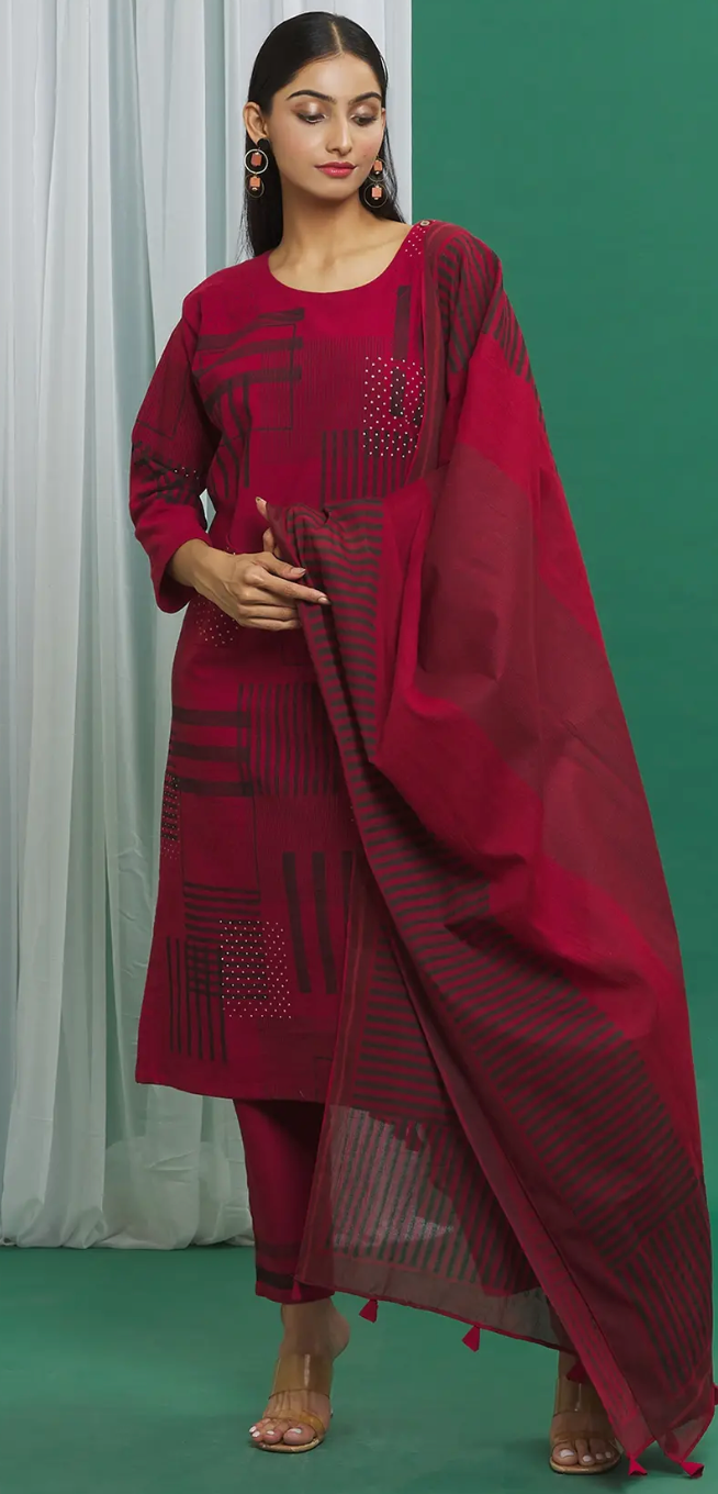 Maroon Cotton Stripe Print Dupatta