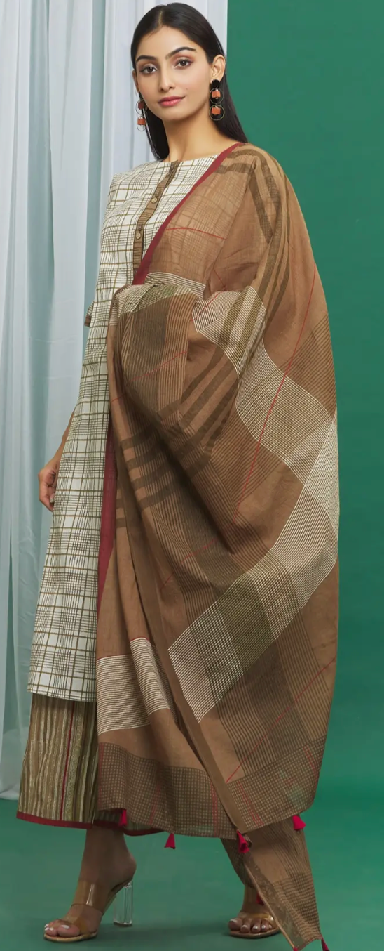 Brown Cotton Printed Dupatta