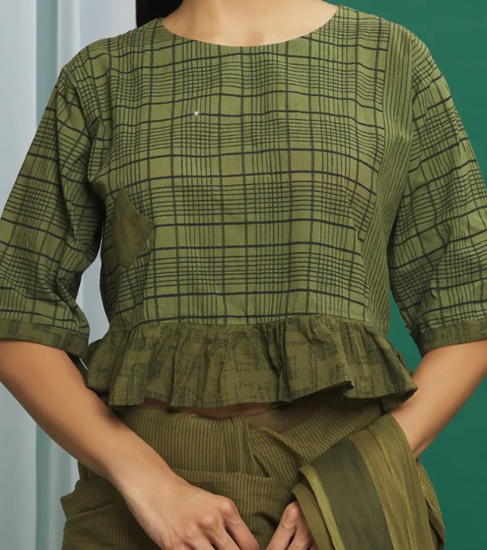 Green Cotton Hand Block Print Crop Top