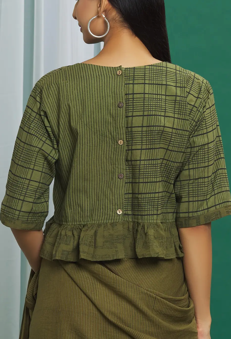Green Cotton Hand Block Print Crop Top