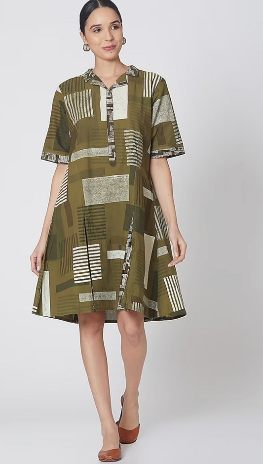 Olive Green Printed Dress