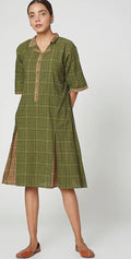 Olive Green Cotton Hand Block Printed Midi Dress - BANANA labs