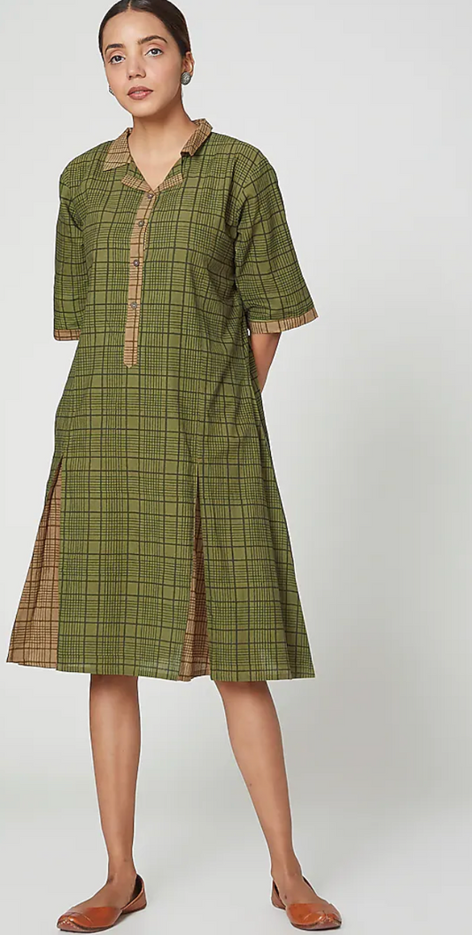 Olive Green Cotton Hand Block Printed Midi Dress