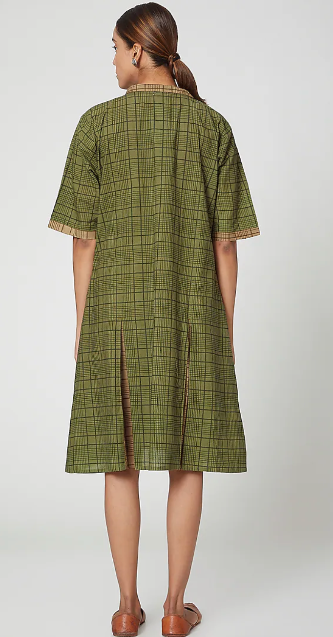 Olive Green Cotton Hand Block Printed Midi Dress