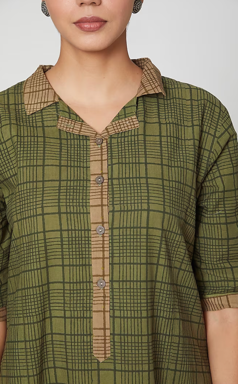 Olive Green Cotton Hand Block Printed Midi Dress