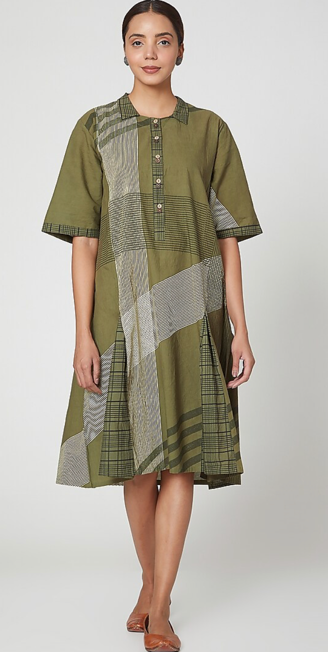 Olive Green Hand Block Printed Dress