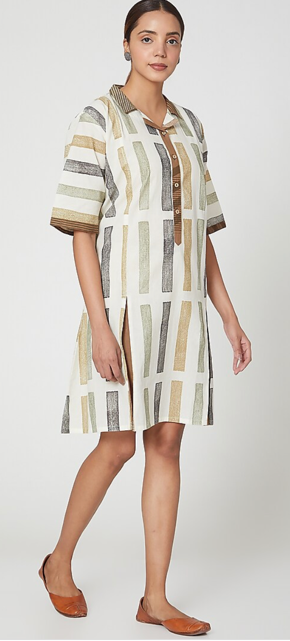 White Cotton Geometric Printed Midi Dress