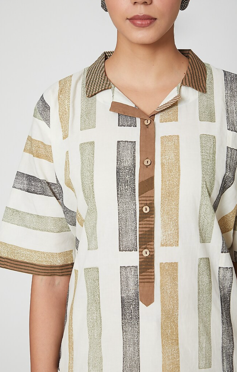 White Cotton Geometric Printed Midi Dress