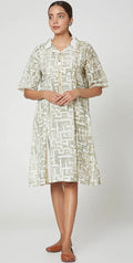 White & Olive Green Printed Midi Dress - BANANA labs