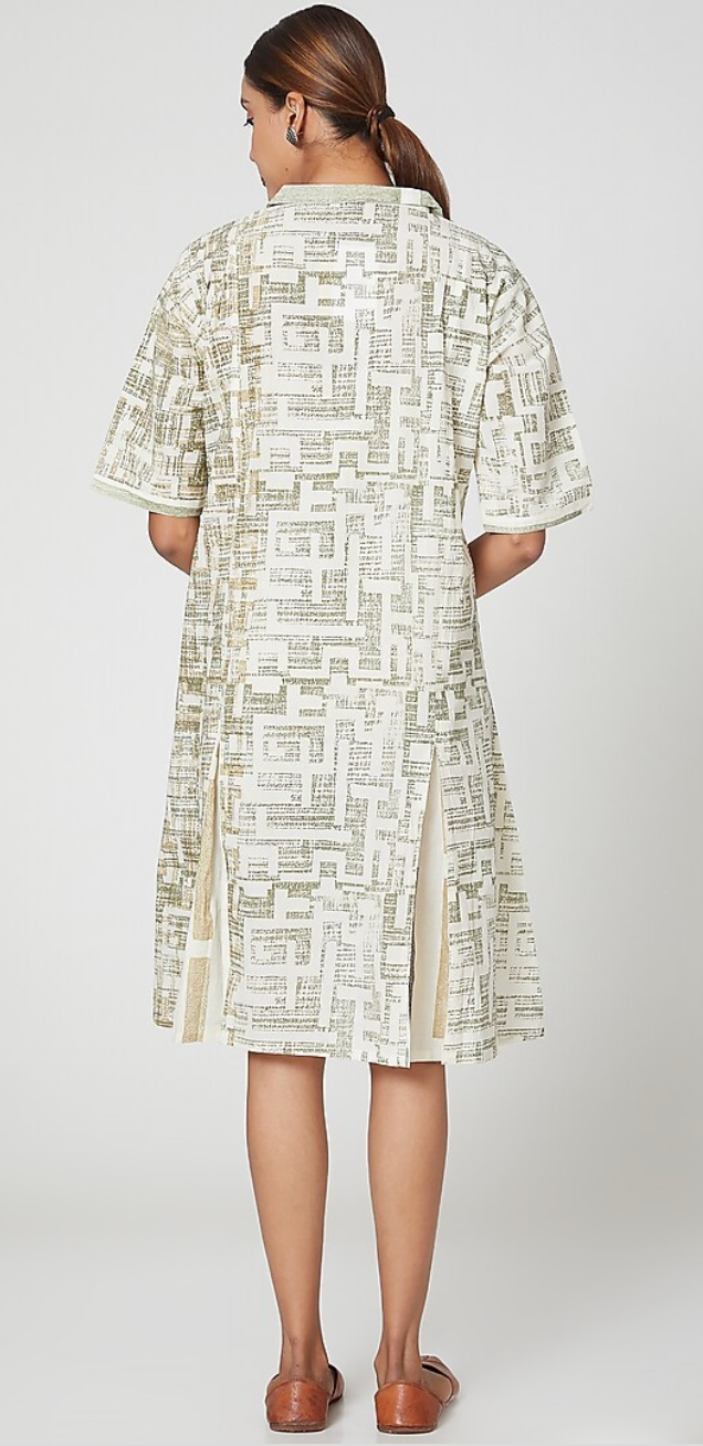 White & Olive Green Printed Midi Dress