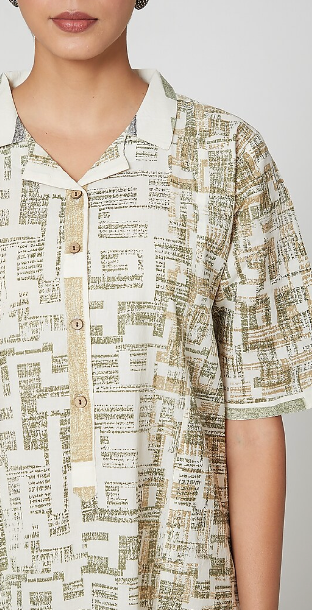 White & Olive Green Printed Midi Dress