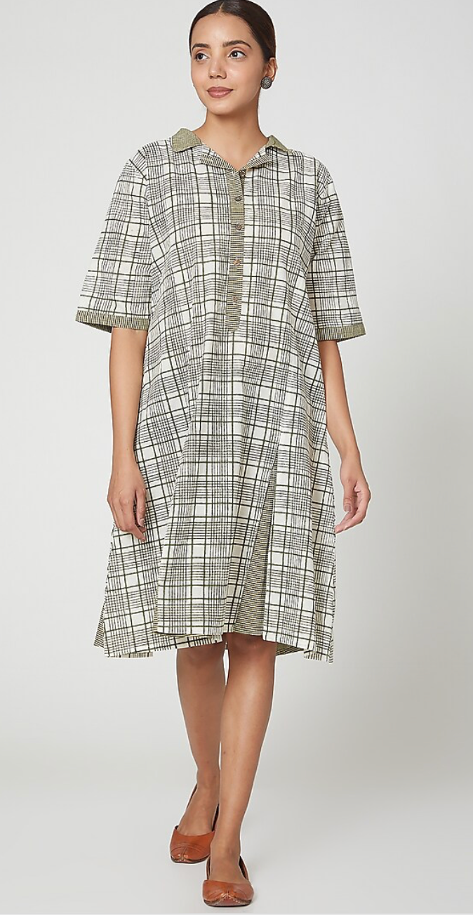 Ivory Geometric Hand Block Printed Midi Dress