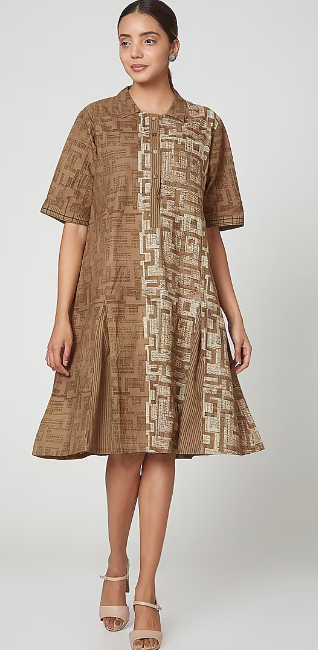 Brown Geometric Hand Block Printed Midi Dress