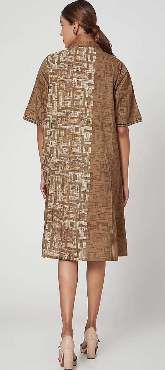 Brown Geometric Hand Block Printed Midi Dress