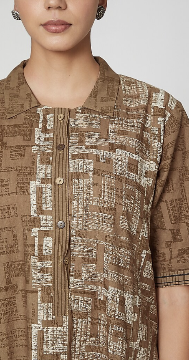 Brown Geometric Hand Block Printed Midi Dress