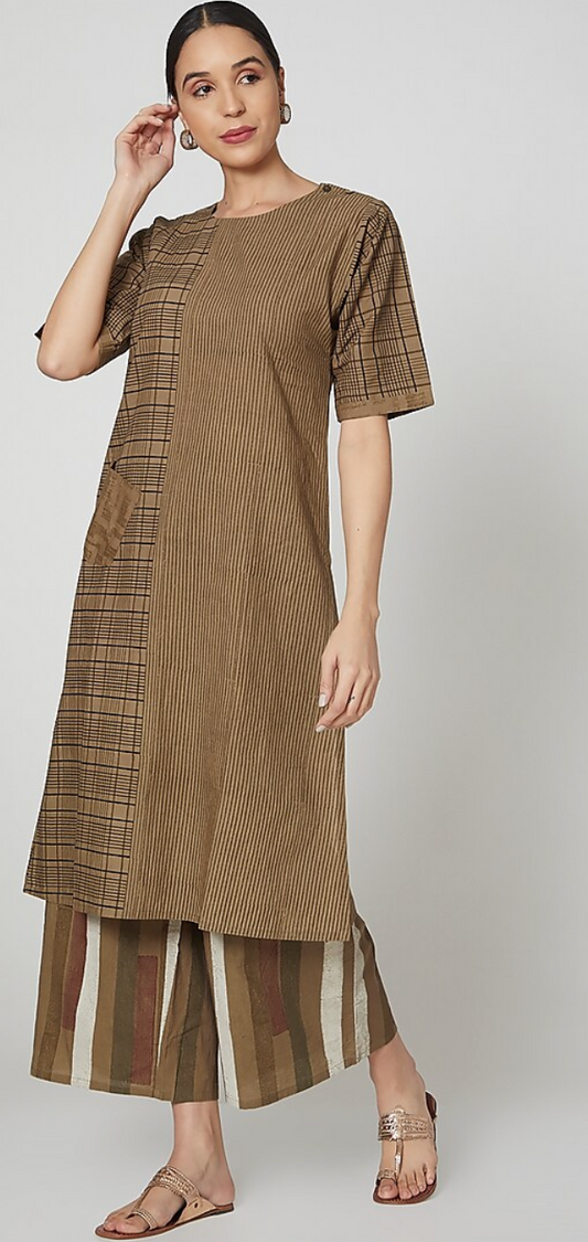 Brown Cotton Check and Stripes Palazzo Set [set of 2]