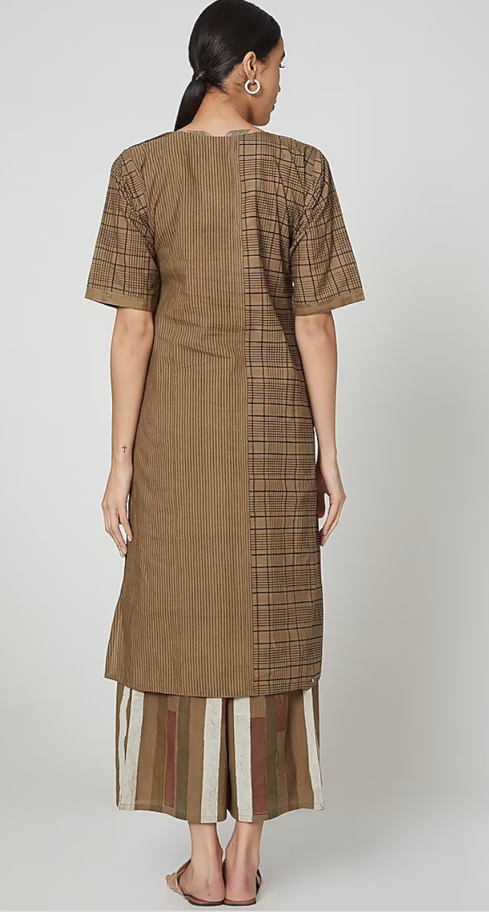 Brown Cotton Check and Stripes Palazzo Set [set of 2]