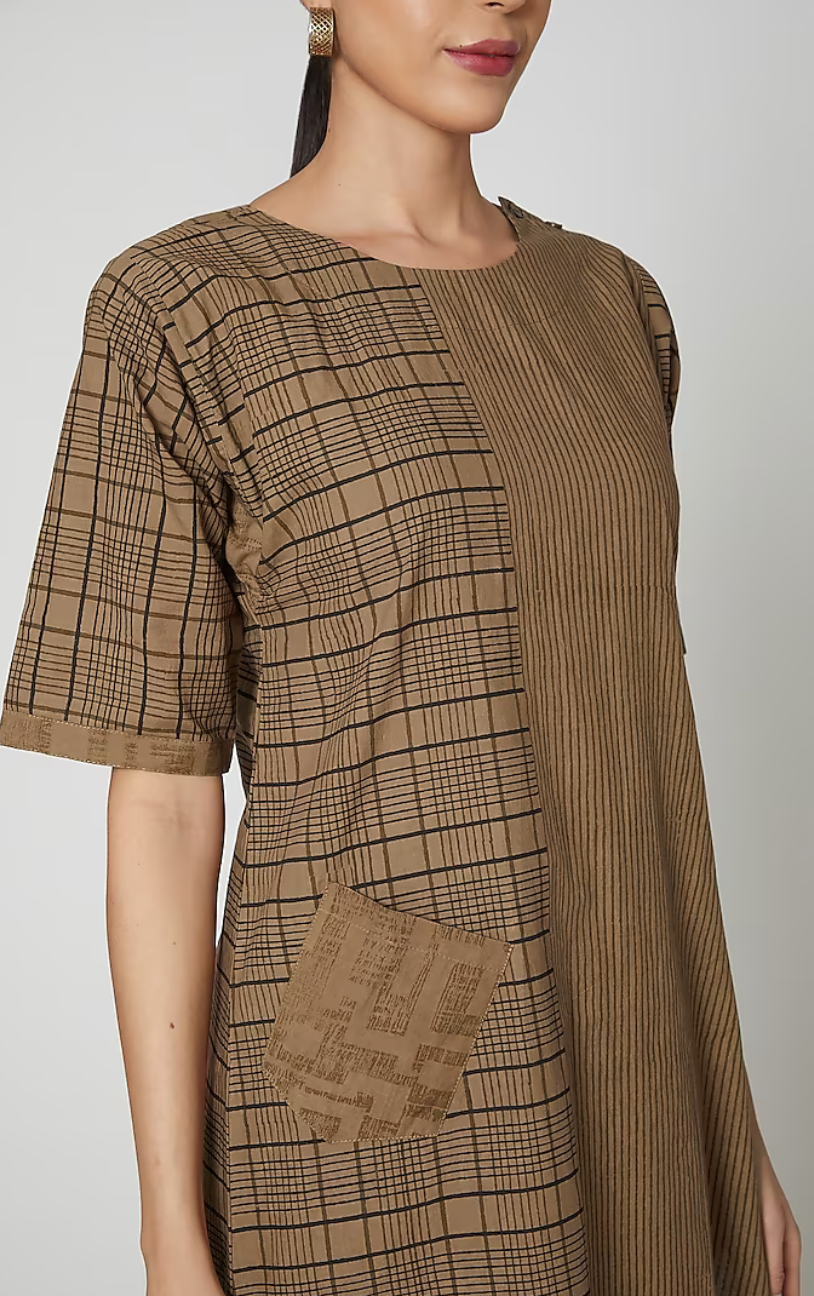 Brown Cotton Check and Stripes Palazzo Set [set of 2]