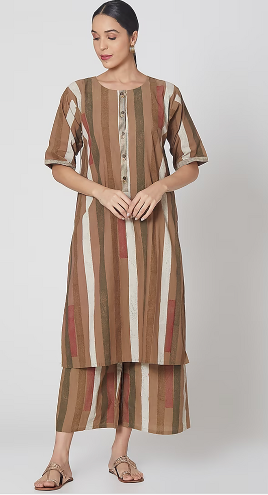 Brown Handblock Printed Kurta Set