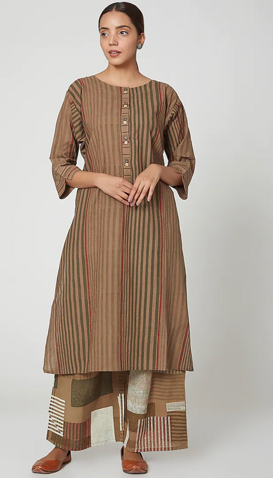 Brown Striped Kurta Set