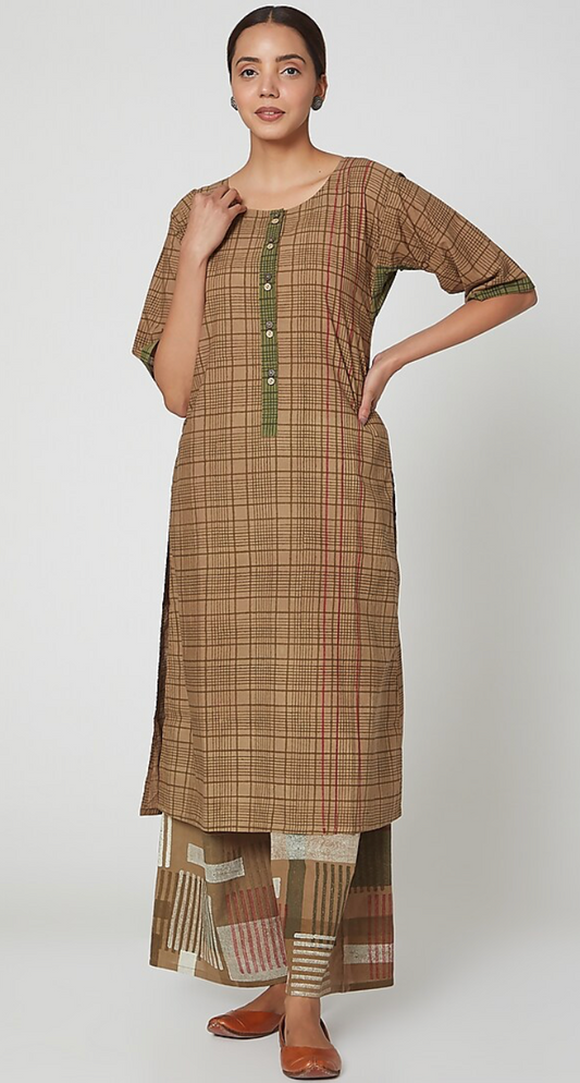 Brown Checkered Kurta set [set of 2]