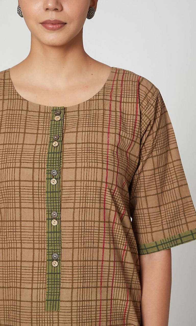 Brown Checkered Kurta set [set of 2]