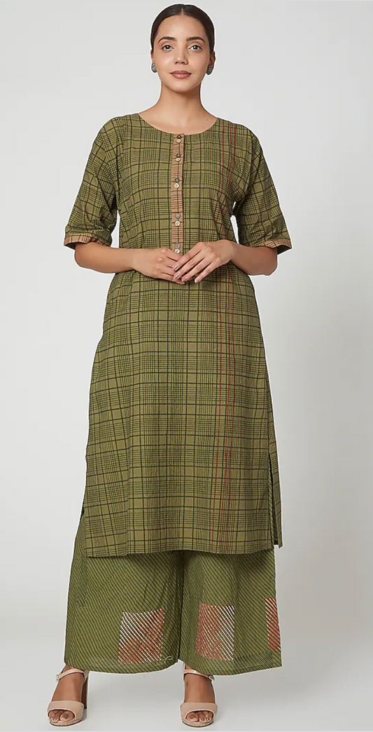 Olive Checkered Kurta Set [set of 2]