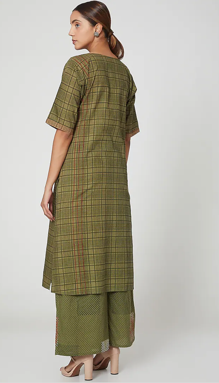 Olive Checkered Kurta Set [set of 2]